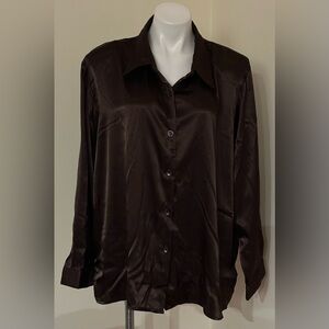 SUSAN GRAVER QVC NWT Satin Brown Button Down Collar Blouse Shoulder Pads Sz 2X.